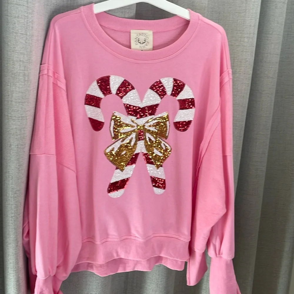 Fantastic Fawn Pink Candy Cane Sequin Sweatshirt. M NWOT - Picture 5 of 8
